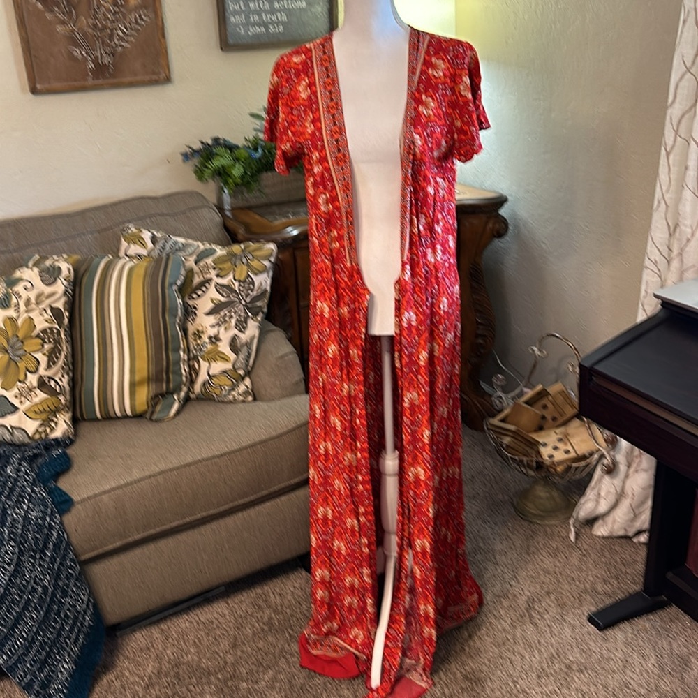 NEW Sexy Boho Style Wrap Floral Print Summer Long Red gold V-Neck Maxi Dress M - Picture 12 of 17